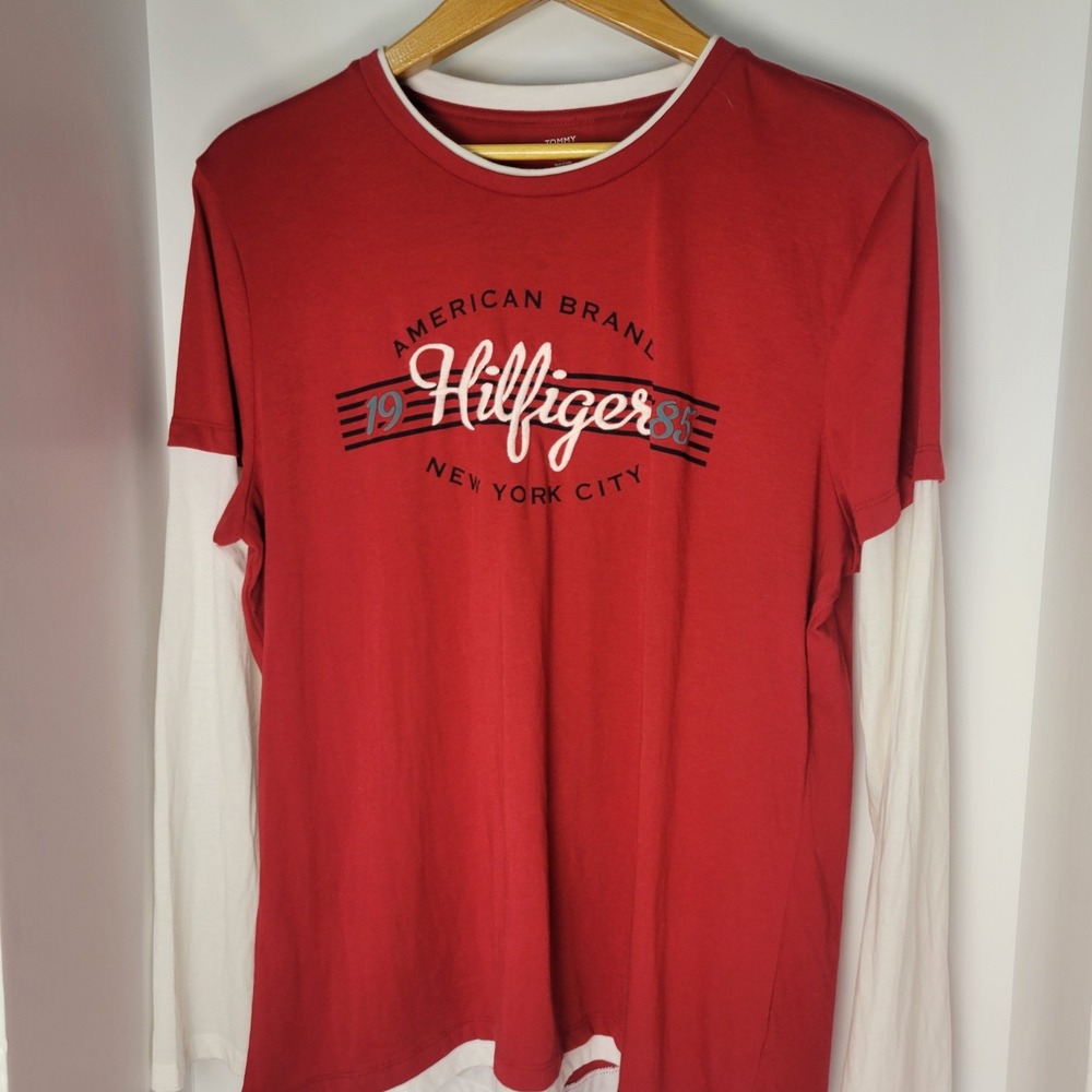 Tommy Hilfiger Mens Red White Layered Long Sleeve Graphic Tee Shirt XXL